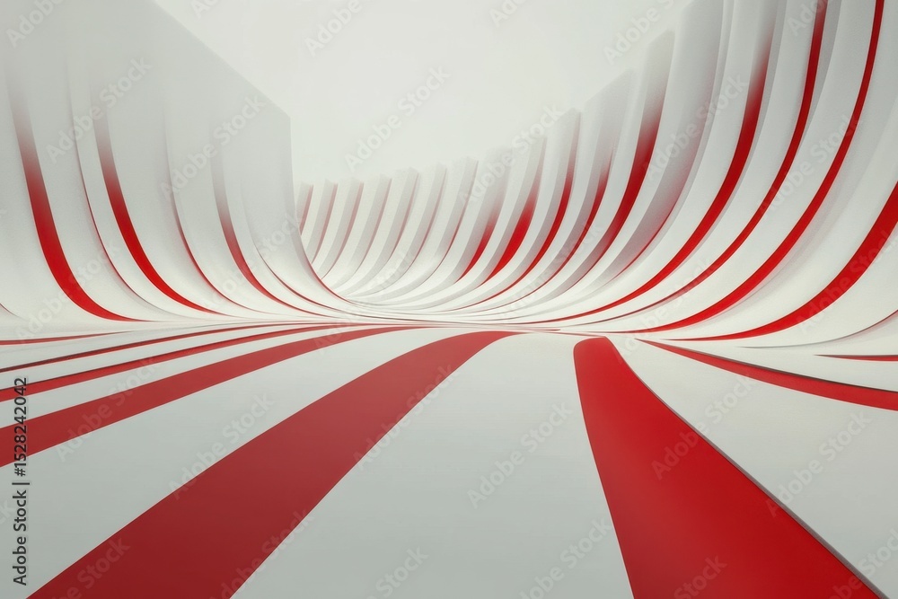 Poster Innovative design of undulating surface with white and red lines creating a striking visual effect, White and red lines 3D render Computer generated seamless smooth