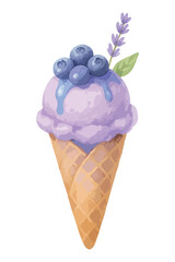 Blueberry lavender ice cream in golden cone  – vector illustration isolated on white.