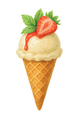 Vanilla ice cream with strawberry, mint and syrup in waffle cone – vector illustration isolated on white, ideal for summer dessert packaging and prints.