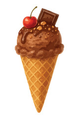 Chocolate ice cream with cherry and chocolate - vector illustration isolated on white.