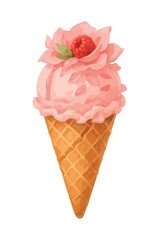 Rose-flavored ice cream with raspberry and petals – vector illustration isolated on white.