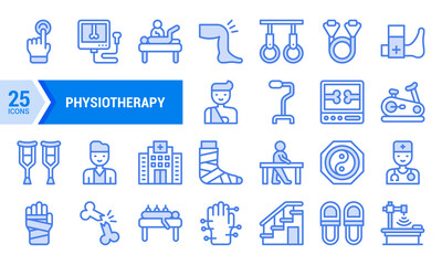 25 Blue Line Physiotherapy Icons for Healthcare Websites and Apps.