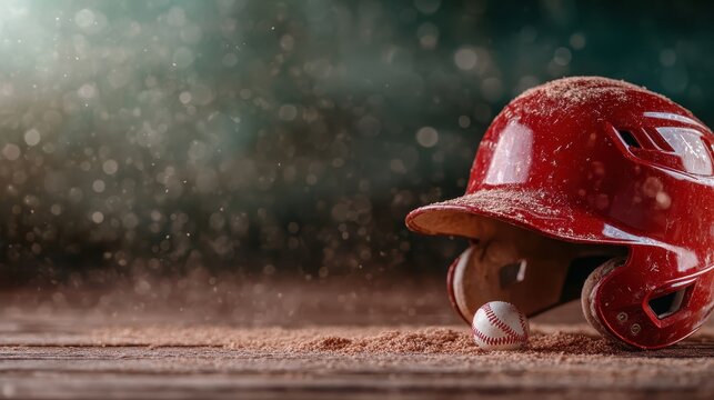 A red baseball helmet laying on sandy ground beside a baseball, evoking a classic American sport feel and the essence of outdoor activities during summer days.