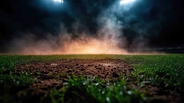 A misty baseball field illuminated by bright stadium lights, capturing the ambiance of nighttime play and the excitement of outdoor sports in an atmospheric setting. - Powered by Adobe
