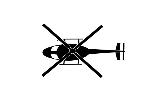A top down view of a black helicopter silhouette with rotating blades on a white background vector art