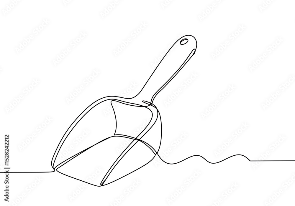 Poster continuous line drawing of a plastic scoop with a handle and a hole for hanging on a white backgroun