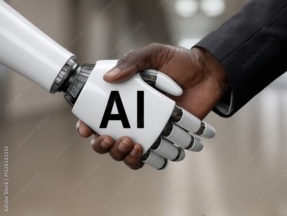 Aufkleber collaboration of human and artificial intelligence represented by a handshake conveying the unity of