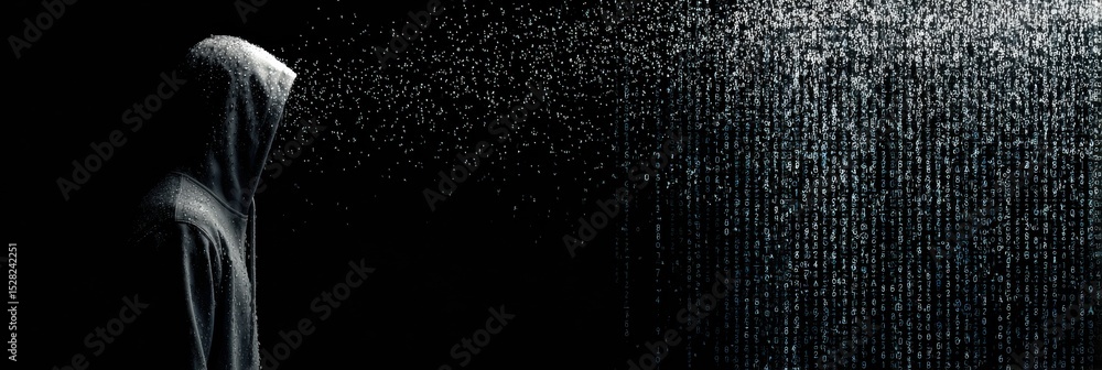 Aufkleber Human Figure With Invisible Face Surrounded by Binary Code Rain and Secure Profile Shield in a Dark Environment