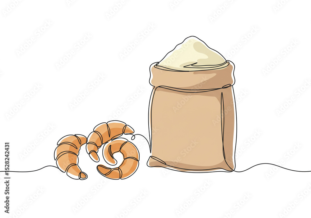 Poster continuous line drawing of flour sack and croissants on a white background in minimalist style
