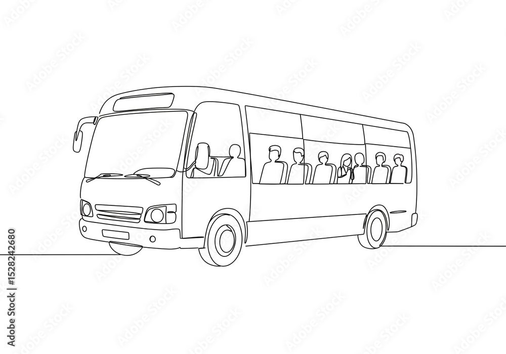 Poster continuous line drawing of a bus with passengers visible through the windows in black and white