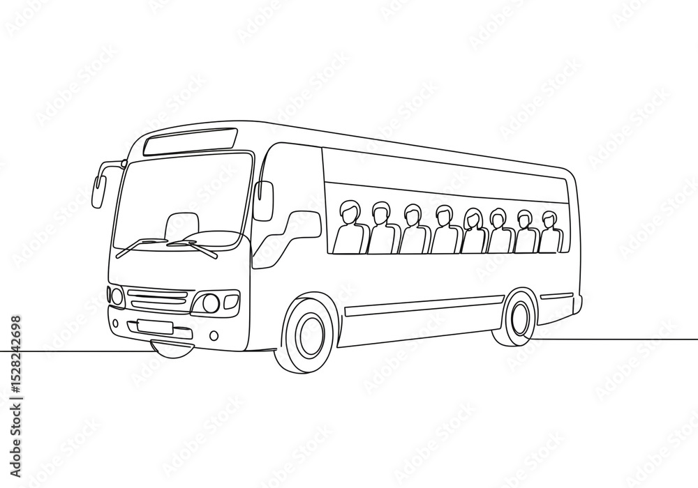 Poster continuous line drawing of a bus with passengers visible through the windows in black and white