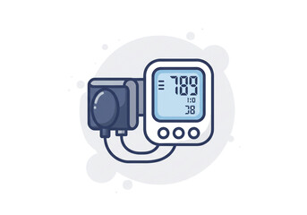 Illustration of a digital blood pressure monitor with cuff on a white background with light spots
