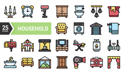 25 Colorful Line Icons for Household Design Projects.