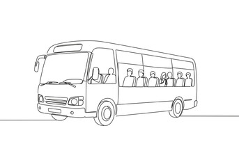 Continuous line drawing of a bus with passengers visible through the windows in black and white