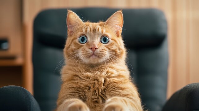 A captivating ginger cat with bright blue eyes rests in a chair, embodying curiosity and playfulness, inviting viewers to appreciate the unique charm of feline companions. - Powered by Adobe