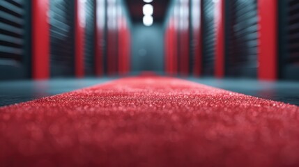 A striking perspective of a modern server room featuring a red carpet, conveying the high-tech and organized nature of contemporary data storage environments.