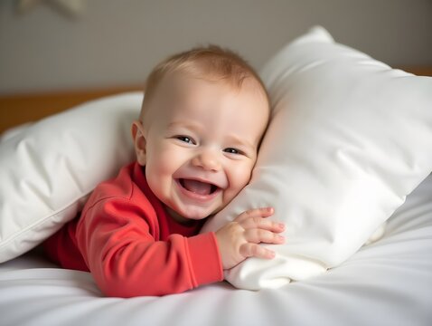 Baby smiling hugging white pillow wearing red pajamas cozy bedtime comfort sleep