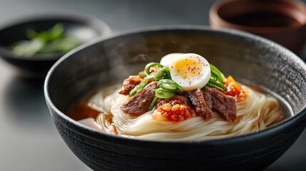 A beautifully presented bowl of noodles topped with gourmet ingredients, including beef and egg, showcasing culinary artistry and the rich flavors of Asian cuisine.