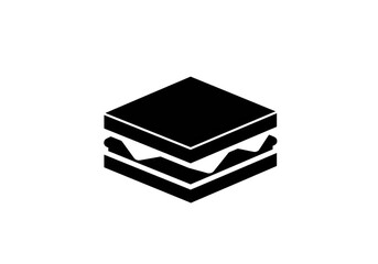 A simple isometric black and white illustration of a sandwich with filling on a plain background