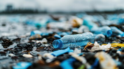 A disheartening scene of a polluted shoreline strewn with plastic waste and debris, highlighting environmental issues and the urgent need for ecological awareness and action.