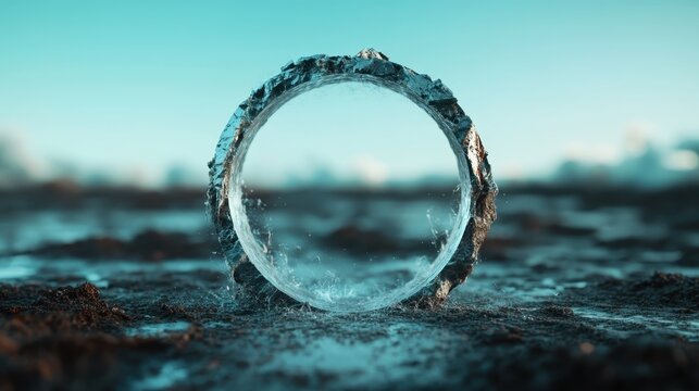 An abstract representation of a circular structure emerging from the ground with mesmerizing water reflections, embodying elegance and the connection between nature and art.