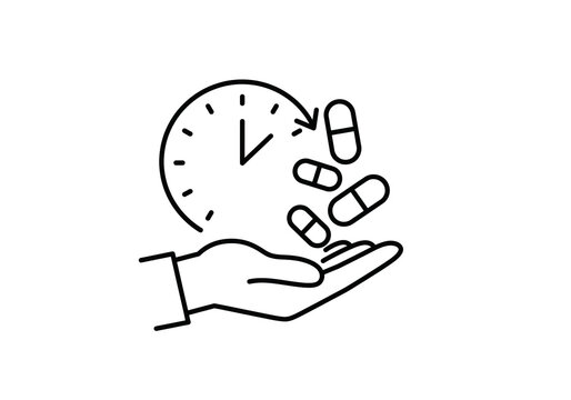 Outline illustration showing a hand holding pills with a clock indicating time for medication