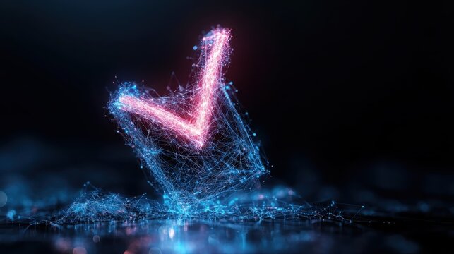 A vibrant digital checkmark made of neon light trails representing approval, progress, and positive outcomes in a futuristic setting, ideal for concepts of success and validation.