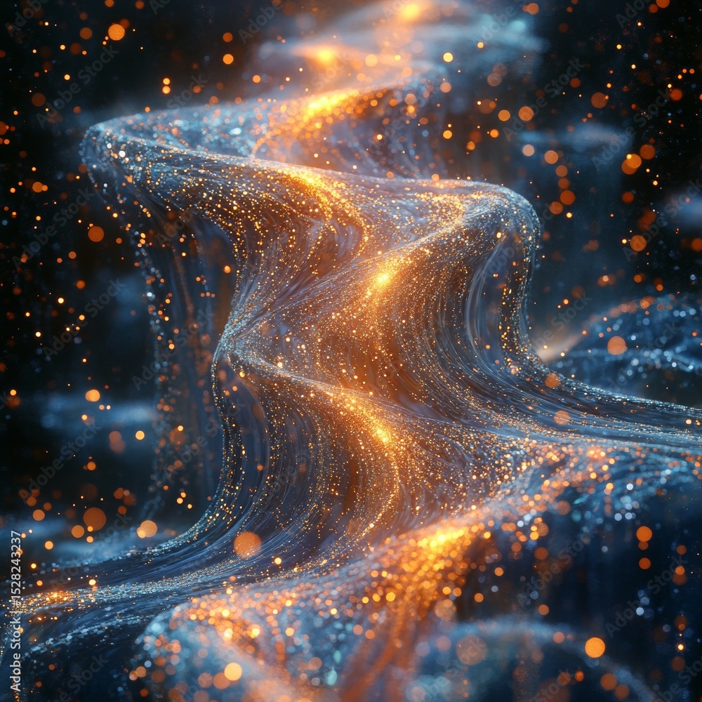 Poster abstract luminous wave of particles: golden light streaks flowing through a dynamic and ethereal spa