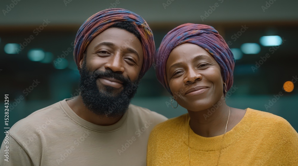 Poster joyful couple smiling warmly in colorful headwraps showcasing expressions of love and unity in a con