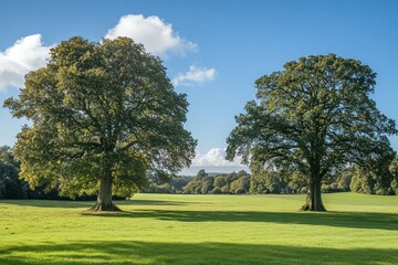 Fototapeta premium Large trees stand majestically in a sunny field under a clear blue sky, Camera from right to left, under blue sky, two big green trees on green field