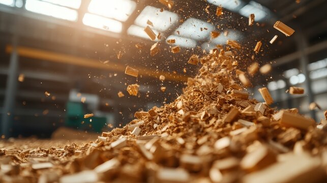 Dynamic scene of wooden shavings soaring through a well-lit workshop, capturing the essence of craftsmanship and precision in woodworking as they scatter.