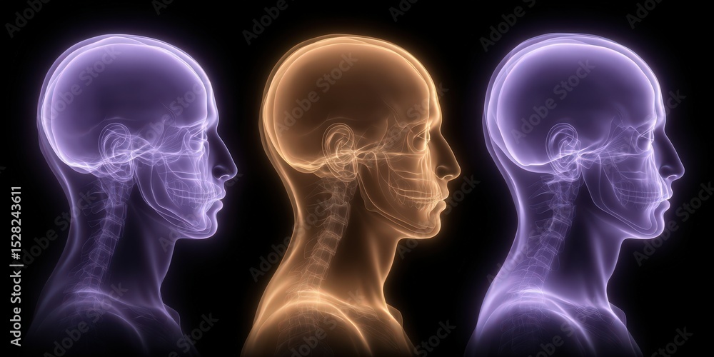 Poster captivating depiction of human anatomy with three dynamic x-ray profiles showcasing skeletal structu