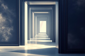 Doors expanding in a surreal corridor leading towards light, Stylized 3D sequence of doors, growing in scale, depicting endless possibilities