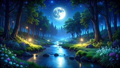 Moonlit Forest River at Night.