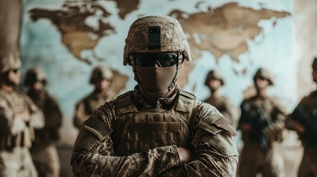 A resolute military soldier in full tactical gear stands proudly in front of a world map, symbolizing strength and solidarity, ready for a mission with comrades in the backdrop.
