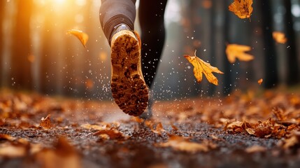 A dynamic shot of a runner sprinting through a carpet of autumn leaves, showcasing vigor, energy, and the serene beauty of nature's seasonal transformation with lively movement.
