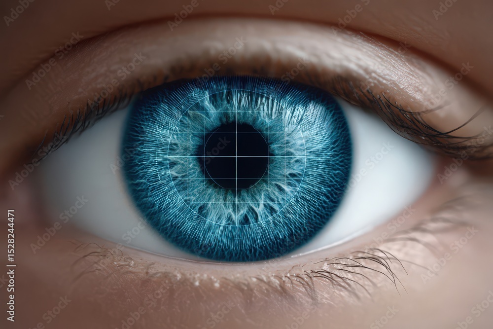 Poster close-up of a human eye showcasing intricate iris details with a grid overlay emphasizing biometric 