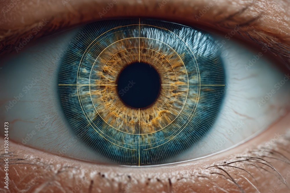 Poster close-up of a human eye showcasing intricate details of the iris and pupil highlighted with digital 