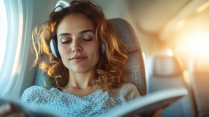 This captivating image features a young woman wearing headphones and enjoying a book while traveling on a plane, encapsulating the joy of relaxation during journeys.