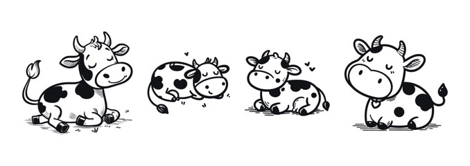 Obraz premium Four cartoon cows in different poses, on transparent background, vector