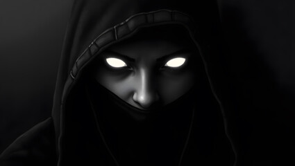 Mysterious Figure: The silhouette of a hooded figure, shrouded in darkness, with luminous eyes gazing intensely at the viewer, creating a sense of intrigue and mystery.