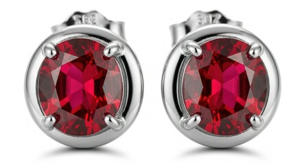 A pair of round silver stud earrings featuring a vibrant red gemstone on a white background close up view