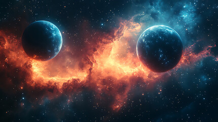 Obraz premium Celestial Dance Two Planets Orbiting in a Fiery Nebula