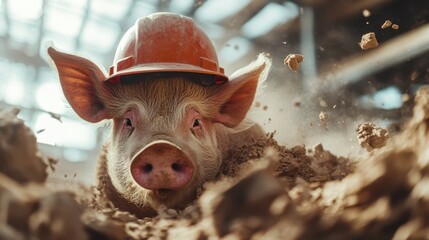 A whimsical image of a pig wearing a hard hat, playfully engaging in a construction site, blending humor with the serious theme of construction and hard work in a unique way.