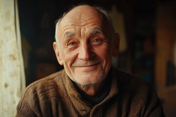Smiling elderly man looks warmly at the camera while sitting indoors in a cozy atmosphere, Smiling elderly man looking at camera Cinematic