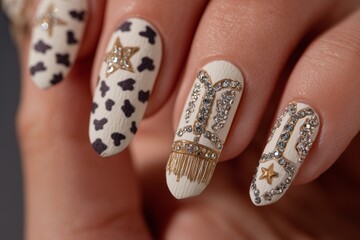Playful Western Nail Art with Cowboy Motifs and Saloon-Inspired Styling