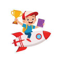 Happy School Boy Riding Rocket with Trophy and Book &ndash; Success and Education Concept Illustration