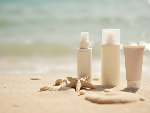 Daytime skincare application beach product display sandy environment close-up view natural beauty concept