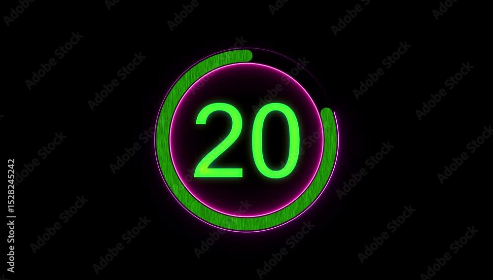 Poster neon glowing circle countdown timer 25 seconds animation from 25 to 0 seconds, 25 seconds countdown 