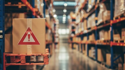 Red warning label on packaged product, symbolizing safety alert and consumer protection, product hazard caution sign for commercial goods.